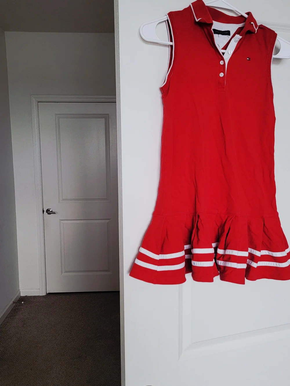 Tommy Hilfiger Red Sleeveless Polo Dress with White Stripe Hem